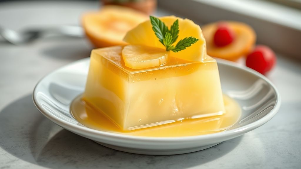 Gelado de abacaxi com gelatina em camadas cremosas e decorado para servir bem gelado