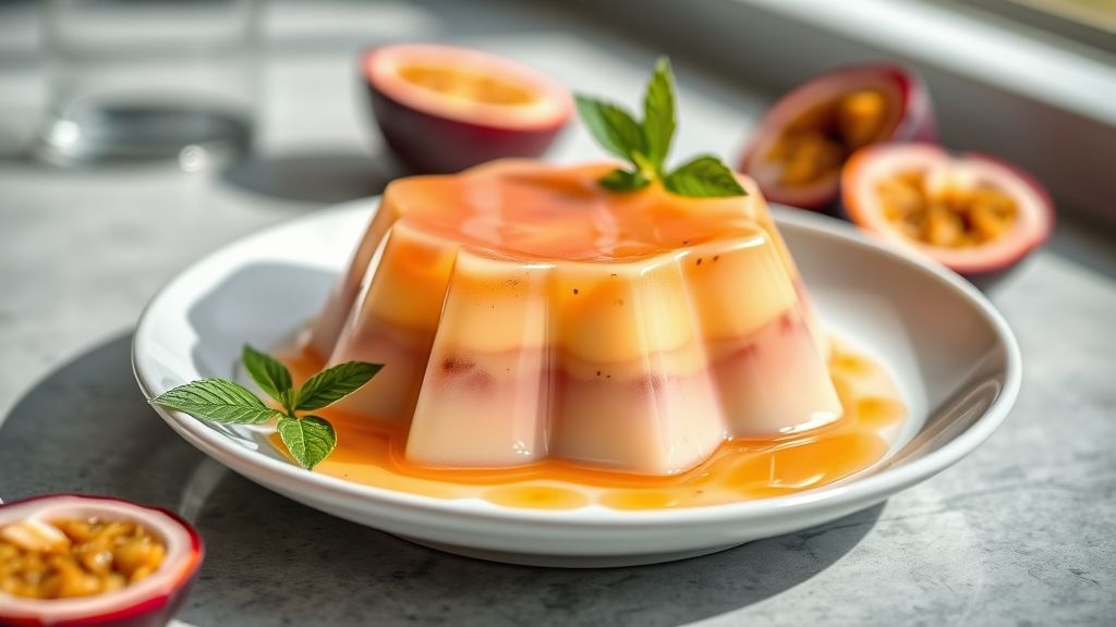 Taça de gelatina cremosa de maracujá finalizada com cobertura e sementes frescas.