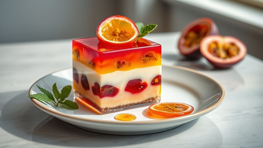 Gelatina de maracujá em camadas pronta, com geleia cítrica brilhante no topo e visual sofisticado de sobremesa tropical