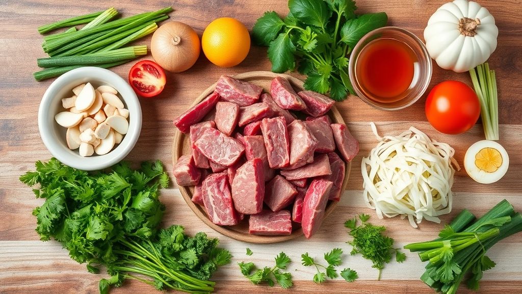 Ingredientes frescos da receita organizados em flat lay sobre bancada de madeira.