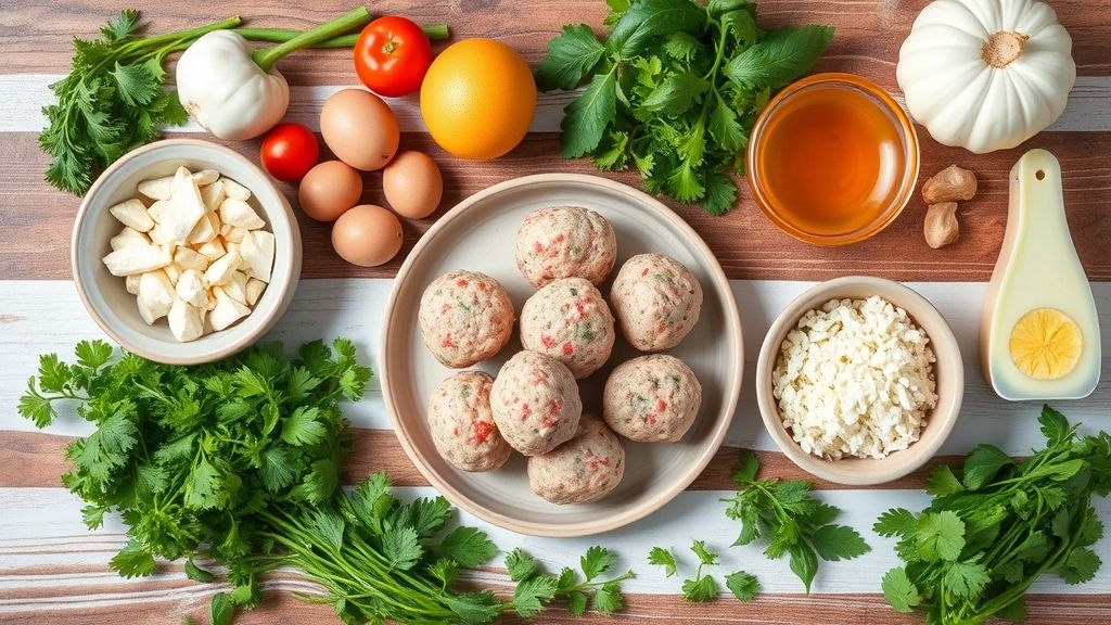 Ingredientes separados para preparo das almôndegas sem ovo dispostos em bancada de madeira.