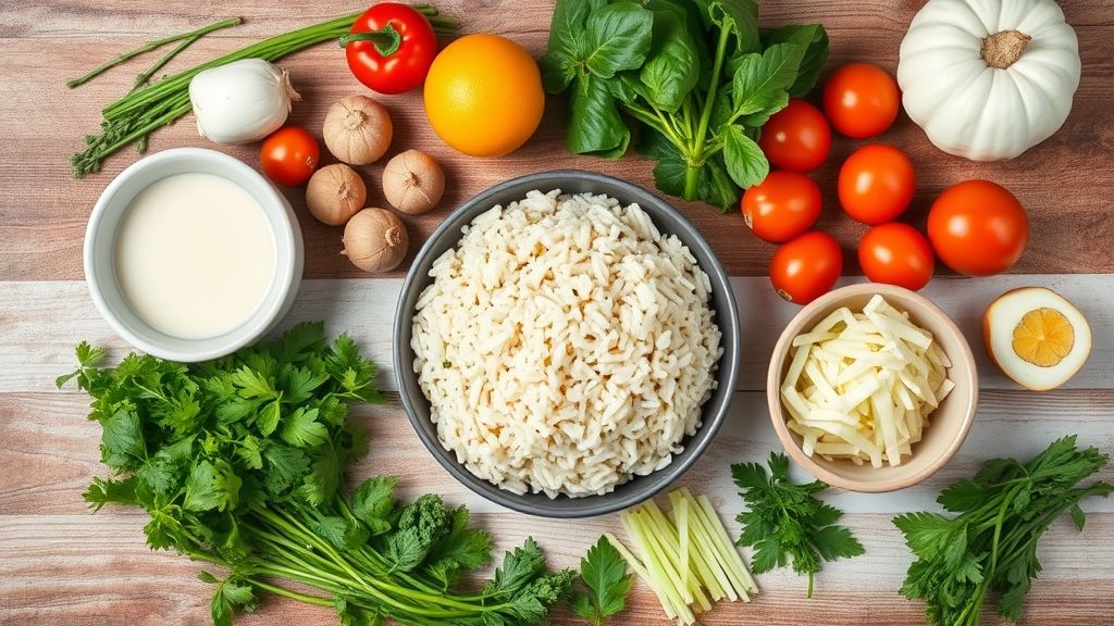 Ingredientes frescos e coloridos organizados sobre uma bancada de madeira