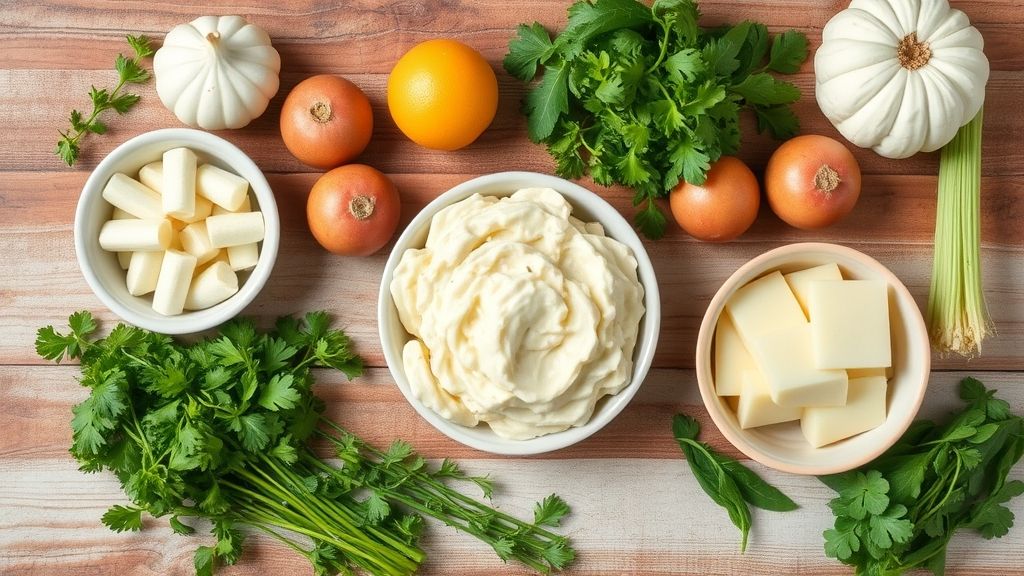 Ingredientes organizados em bancada: batatas, creme de leite, leite, queijo ralado, manteiga, alho e tomilho.
