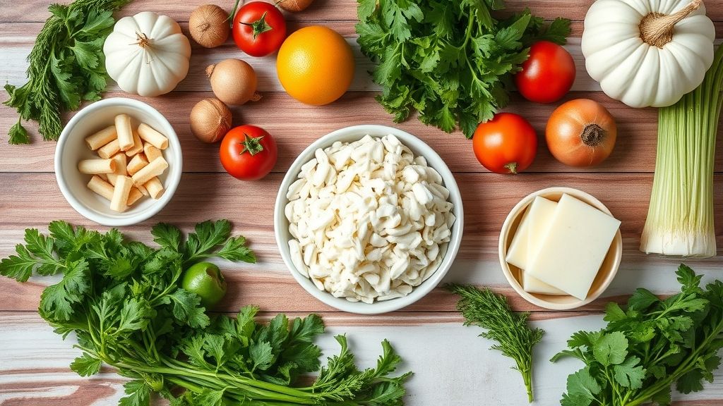 Visão de cima dos ingredientes principais organizados em bancada de cozinha