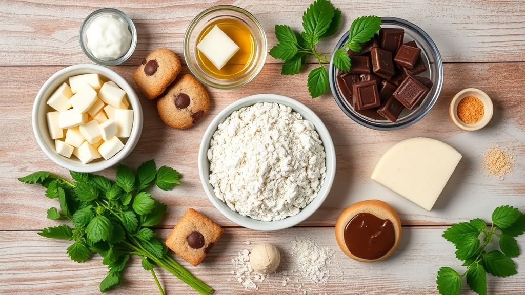 Ingredientes separados em tigelas sobre bancada de madeira para preparar biscoito caseiro