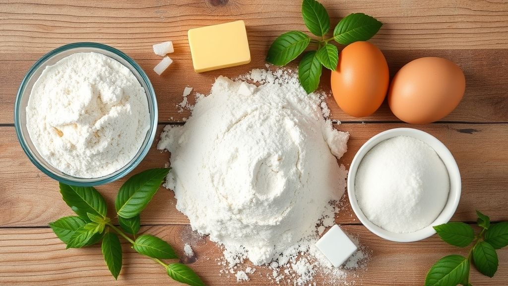 Ingredientes da receita organizados em flat lay sobre bancada de madeira clara