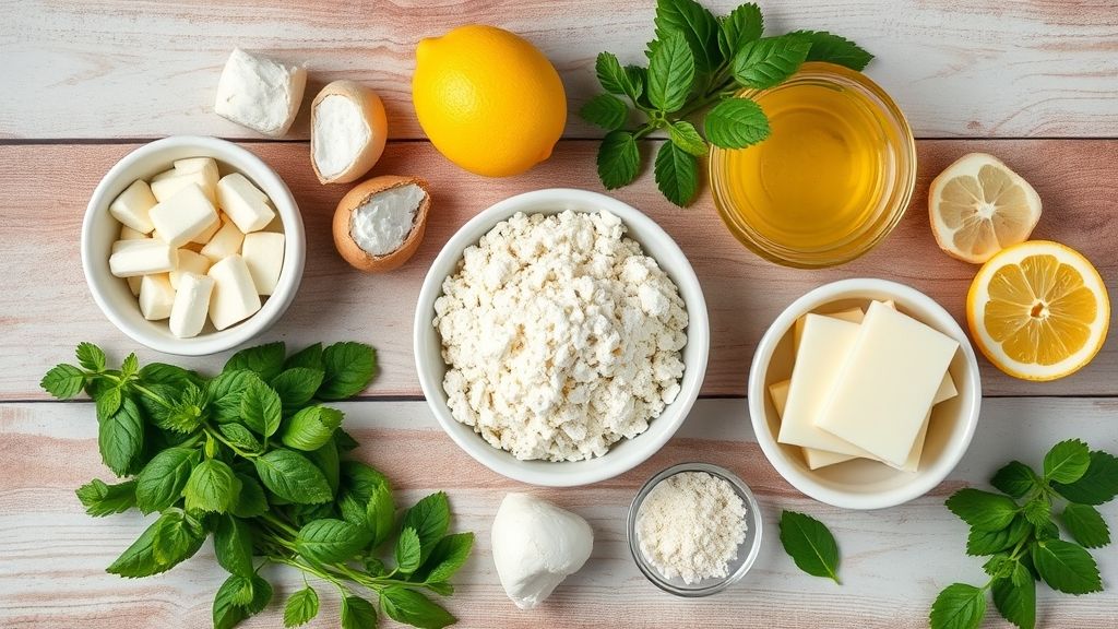 Ingredientes organizados em flat lay sobre mesa rústica, incluindo limões frescos, manteiga, açúcar e Maizena