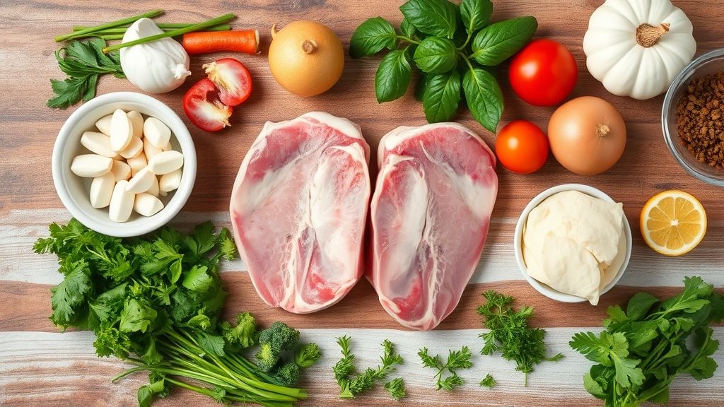 Ingredientes organizados em flat lay, incluindo bistecas, alho, limão, azeite e ervas