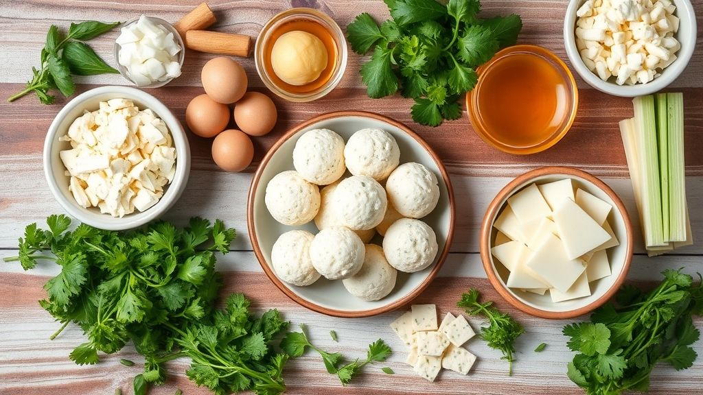 Ingredientes da receita organizados em superfície rústica: farinha, leite, manteiga, ovos, queijo muçarela em cubos e farinha de rosca.