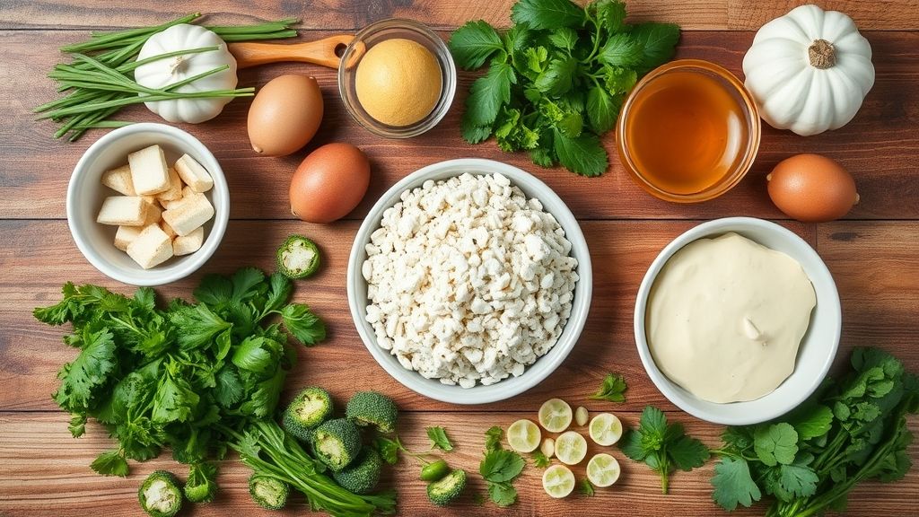 Ingredientes organizados em flat lay sobre bancada de madeira rústica