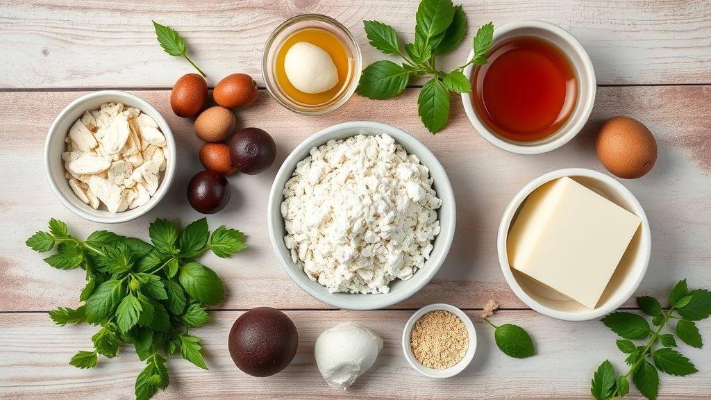 Ingredientes como ovos, leite, farinha, chocolate em pó e leite condensado organizados em flat lay sobre bancada