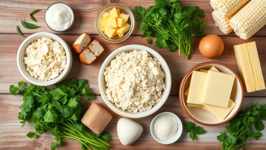 Ingredientes organizados em bancada: leite, ovos, açúcar, manteiga e milharina