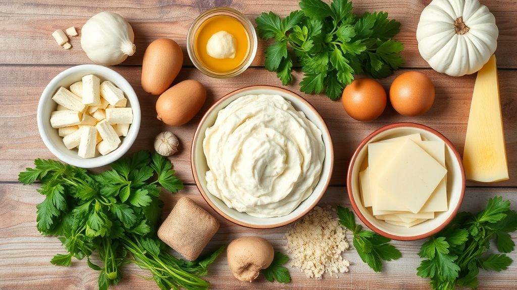 Ingredientes separados para o bolo de aipim, como mandioca ralada, ovos, açúcar, manteiga e coco