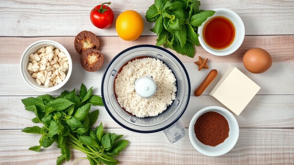 Ingredientes separados em tigelas sobre bancada rústica de madeira