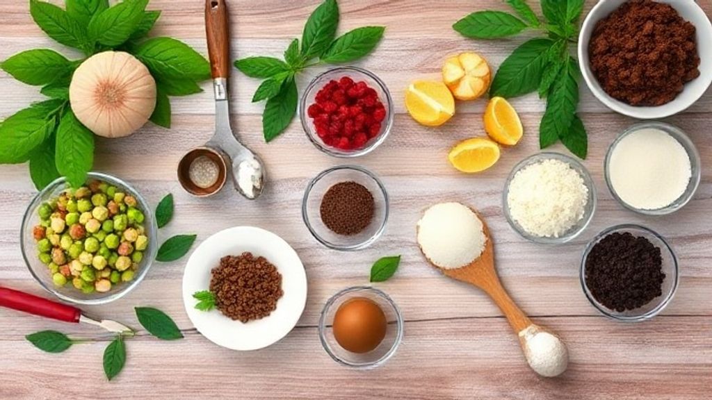 Ingredientes separados em tigelas, vistos de cima em uma bancada de madeira