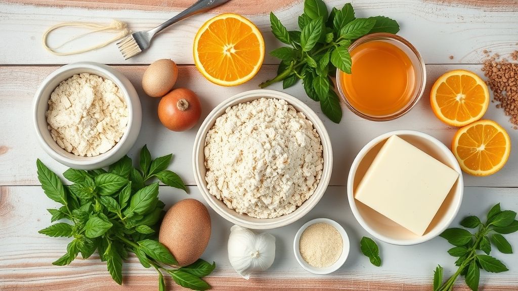 Ingredientes separados e organizados em superfície clara, prontos para o preparo do bolo de fubá com laranja