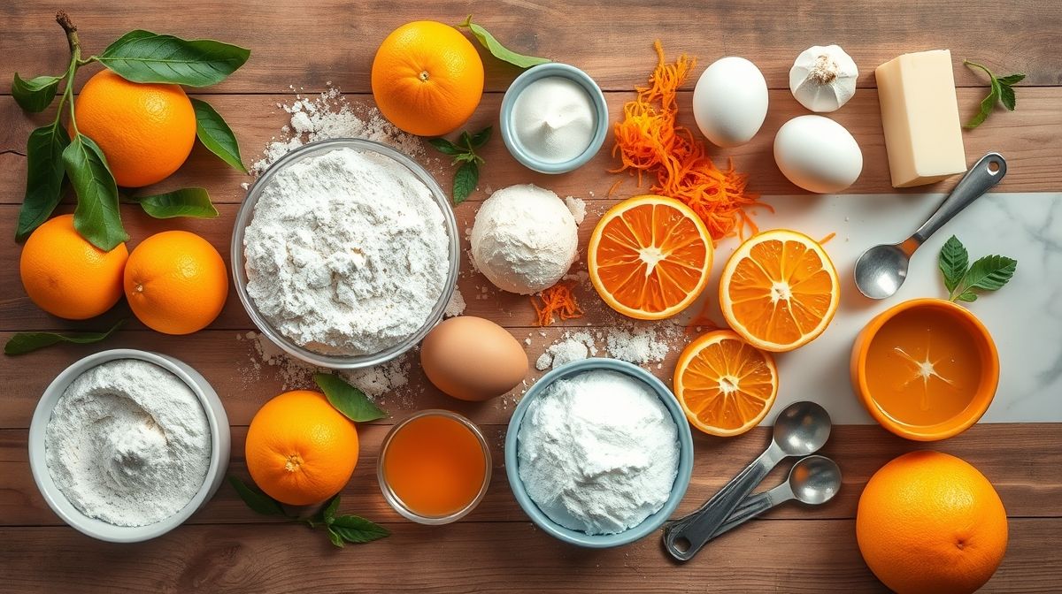 Ingredientes medidos e organizados em uma bancada rústica para preparar o bolo de laranja