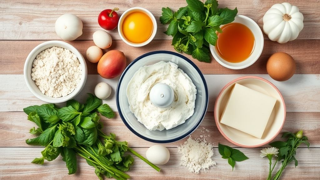 Ingredientes organizados em flat lay sobre bancada de madeira rústica