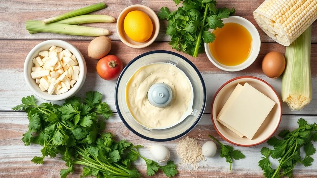 Ingredientes organizados em flat lay sobre bancada: milho, ovos, fubá, leite, açúcar e óleo.