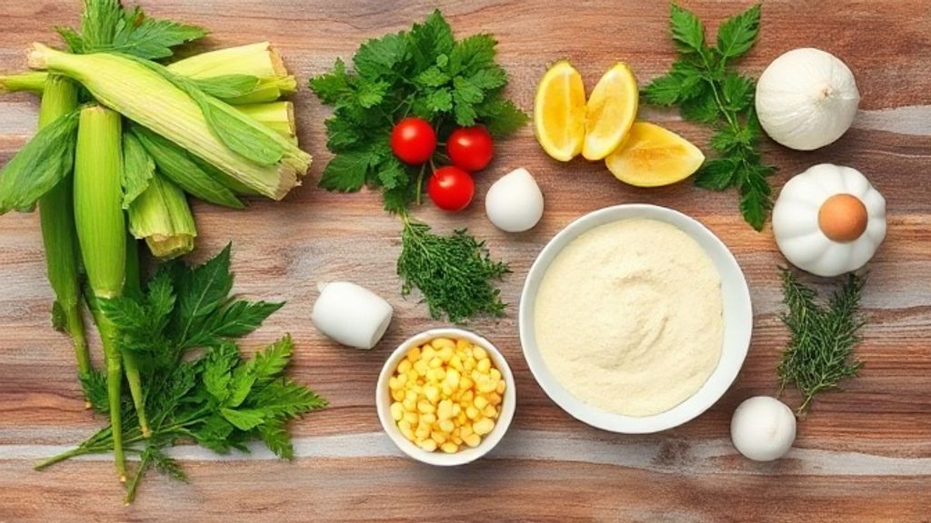 Ingredientes do bolo de milho organizados em flat lay: milho em lata, leite, ovos, açúcar, óleo, flocão e fermento sobre bancada rústica.