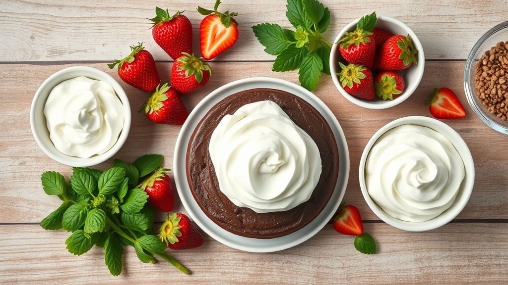 Ingredientes frescos dispostos em bancada, incluindo ovos, farinha, chocolate em pó, morangos e creme de leite fresco.