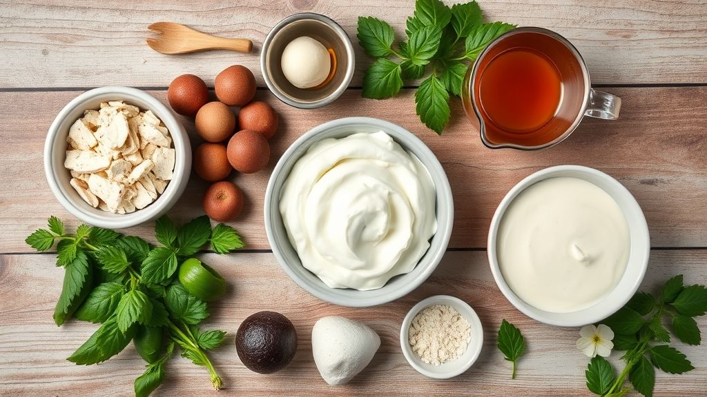 Visão de cima com ovos, leite condensado, creme de leite, cacau e manteiga organizados em uma bancada.