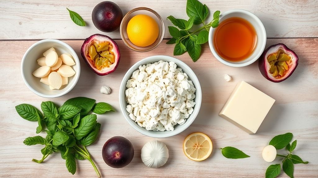 Ingredientes organizados em flat lay: polpa de maracujá, leite condensado, manteiga e chocolate branco