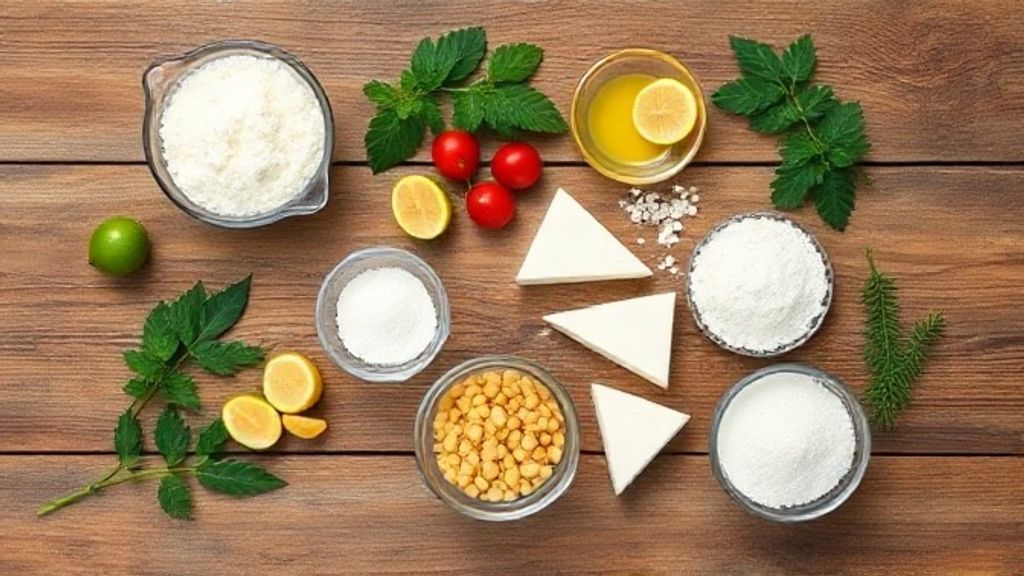 Ingredientes do brigadeiro organizados sob uma bancada de madeira: leite em pó, chocolate em pó, açúcar, manteiga, água quente e granulado