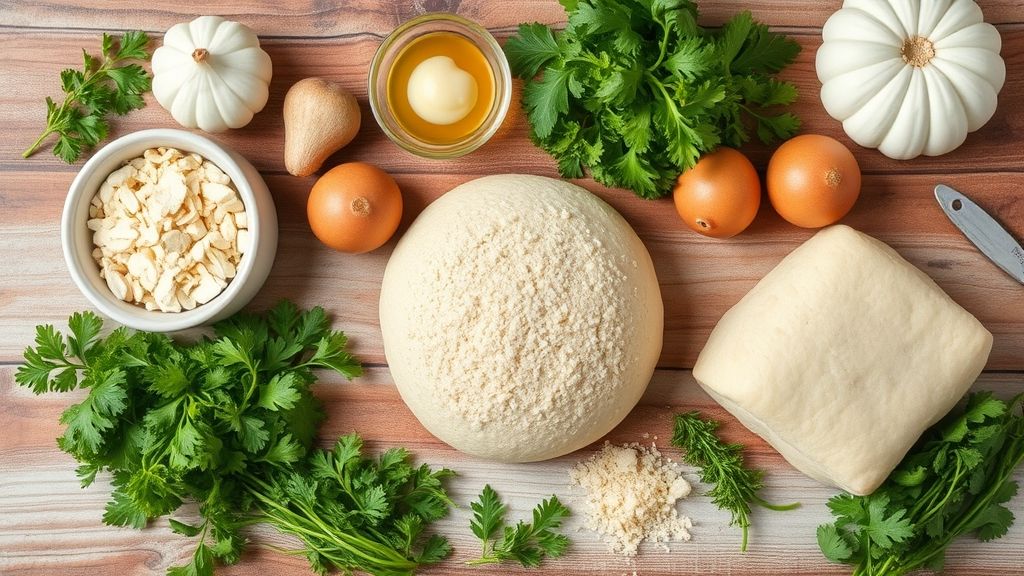 Ingredientes da broa fit de fubá organizados de cima em uma tábua de madeira: fubá, polvilho, ovos, leite vegetal, óleo de coco