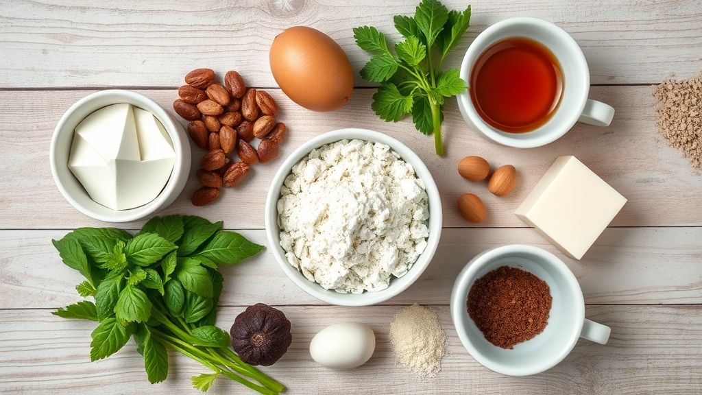 Ingredientes do brownie de caneca organizados em flat lay sobre bancada de madeira.