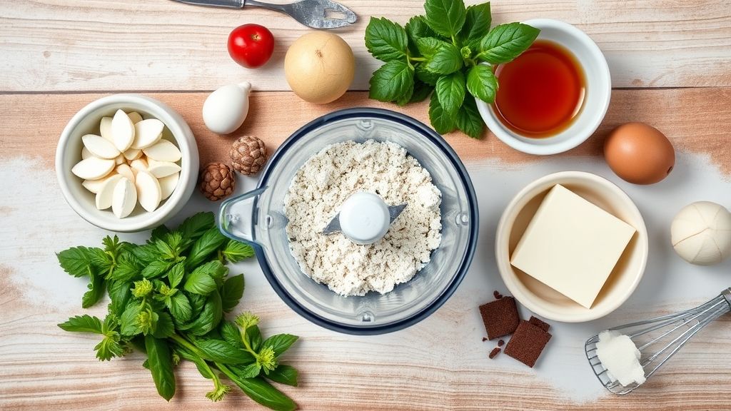 Ingredientes do brownie organizados em flat lay em uma bancada de madeira rústica.