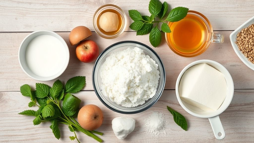 Visão de cima mostrando água, açúcar e especiarias organizados em bancada rústica.