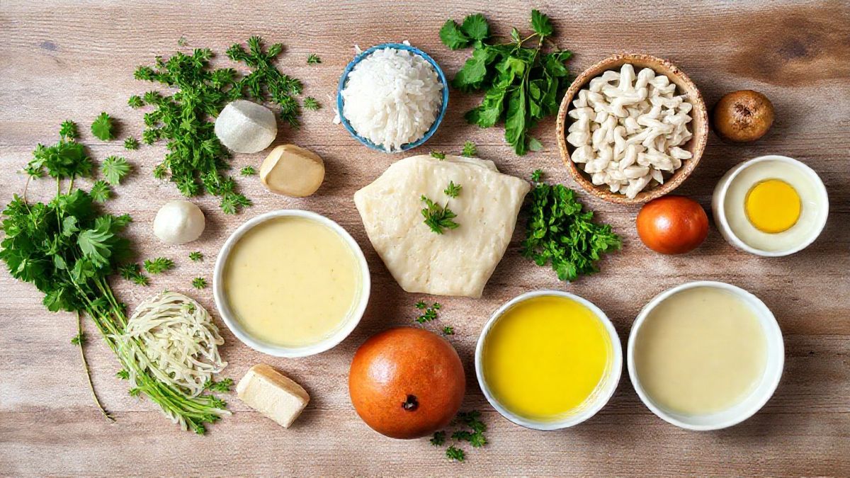 Ingredientes frescos organizados em bancada de madeira: bacalhau, batatas, cebola, alho, pimentão e temperos