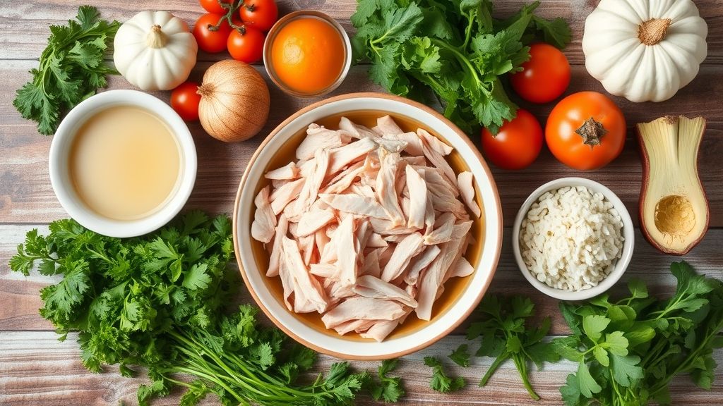 Ingredientes frescos da receita organizados em bancada de madeira rústica.