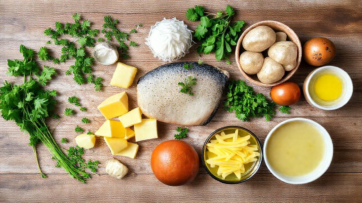 Ingredientes frescos para caldo de peixe com batata dispostos em uma bancada de cozinha