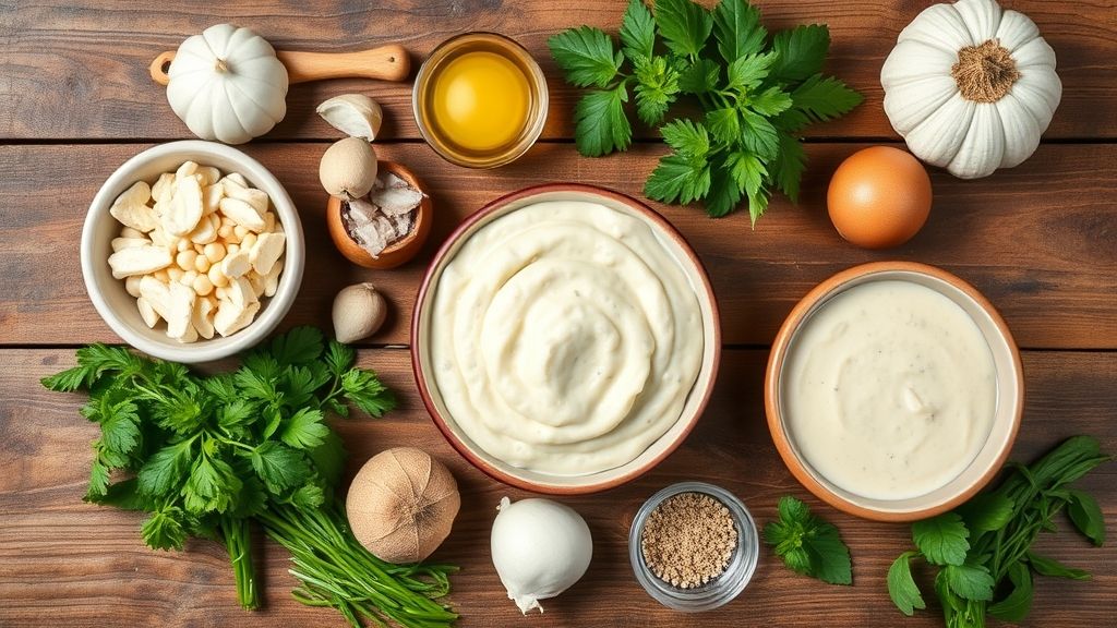 Ingredientes da canjica cremosa organizados em bowl de cerâmica e medidores sobre bancada de madeira rústica