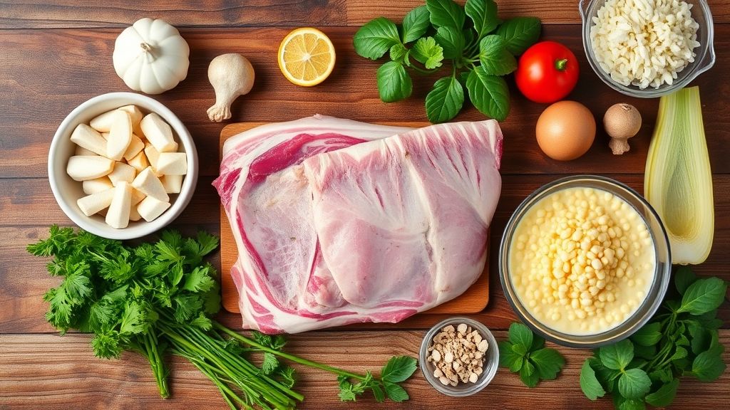 Ingredientes dispostos em bancada de madeira: canjiquinha, costelinha suína, cebola, alho, tomate, temperos e cheiro-verde.