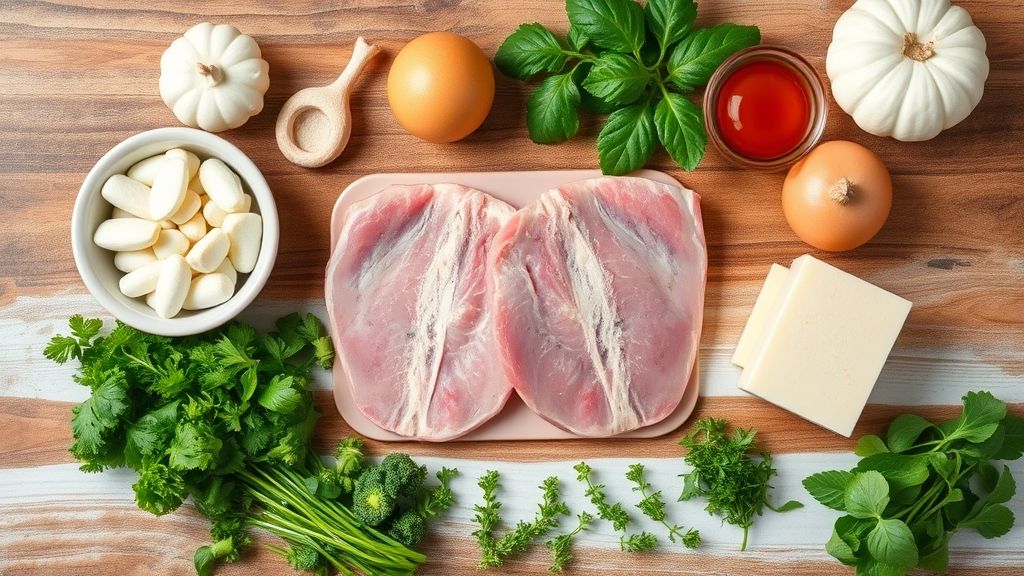 Ingredientes organizados em superfície rústica: bifes de porco, ovos, farinhas, temperos e óleo.