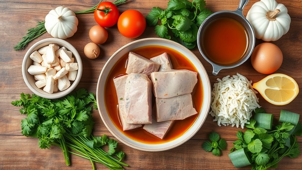 Todos os ingredientes separados e organizados sobre uma bancada de madeira, em pots e tigelas