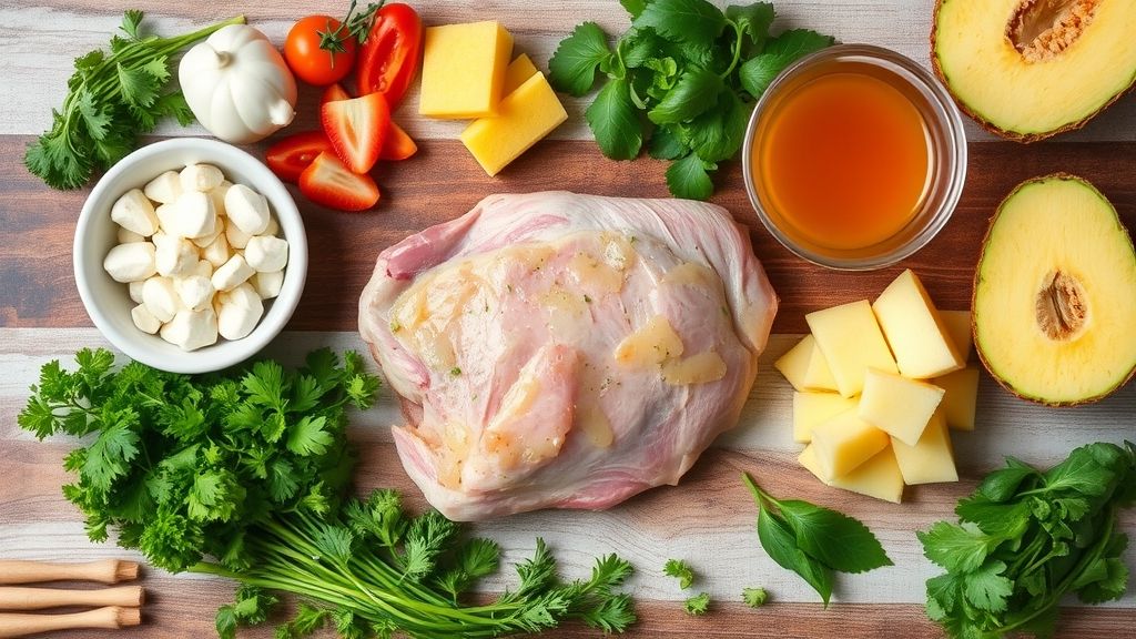 Ingredientes organizados em bancada: lombo suíno, alho, limão, abacaxi, cebola, mel e shoyu.