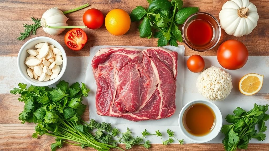 Ingredientes e cortes de carne de segunda organizados em bancada rústica com temperos frescos.