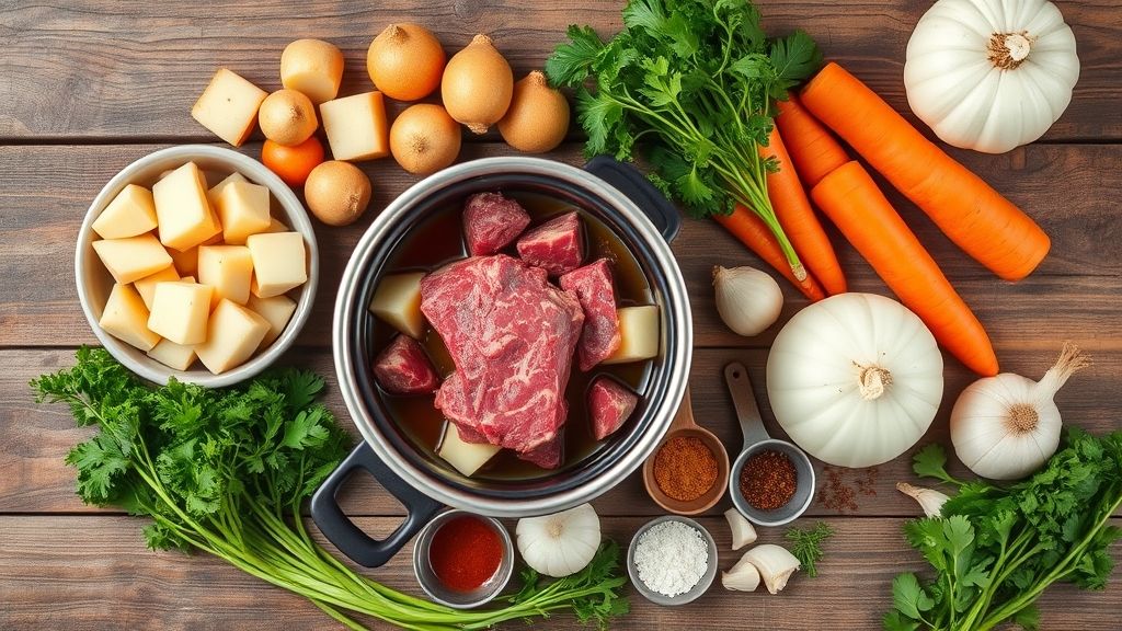 Ingredientes crus organizados sobre bancada: carne em cubos, batata, cenoura, tomate, cebola e temperos.