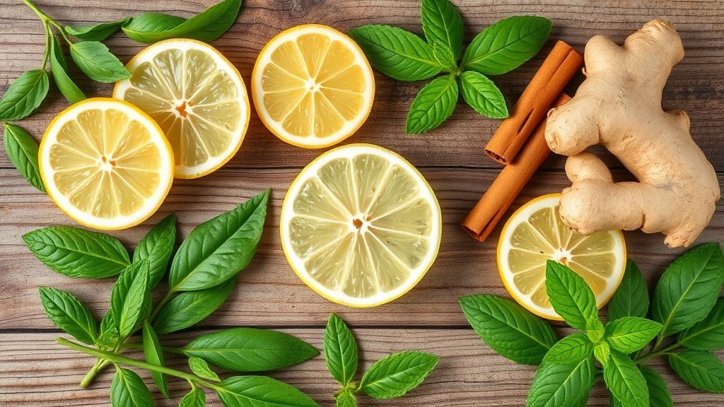 Ingredientes frescos do chá detox — chá verde, gengibre, limão, canela e hortelã — em uma bancada de madeira