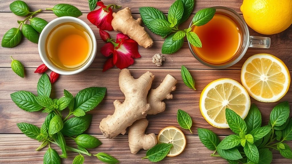 Ingredientes do chá detox organizados em bancada de madeira: chá verde, hibisco, gengibre, limão e hortelã