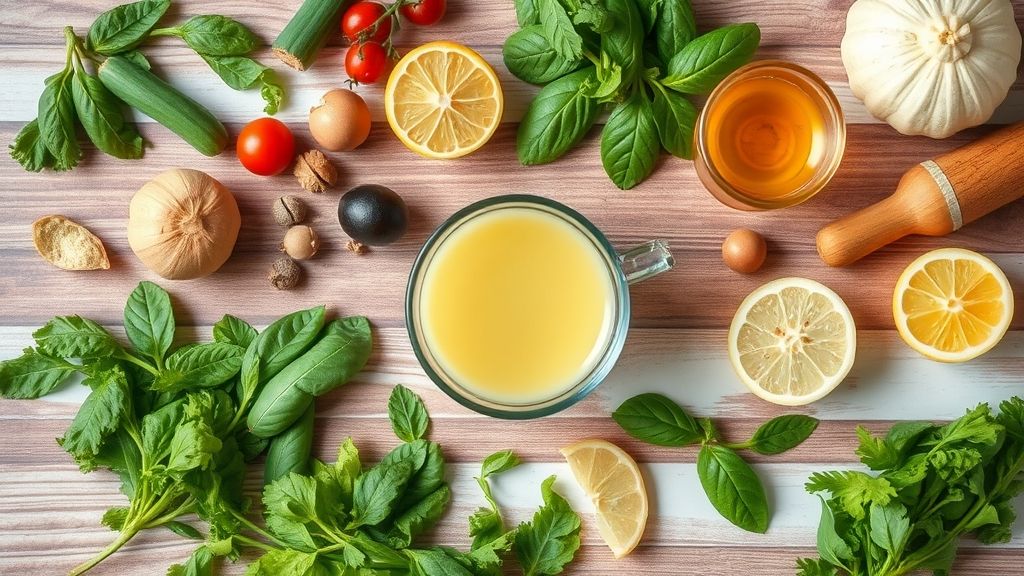 Ingredientes frescos para chás detox dispostos em bancada de madeira rústica