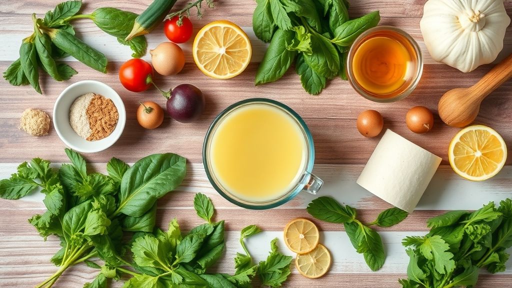 Flat lay com ervas, limão, gengibre e canela organizados em bancada rústica