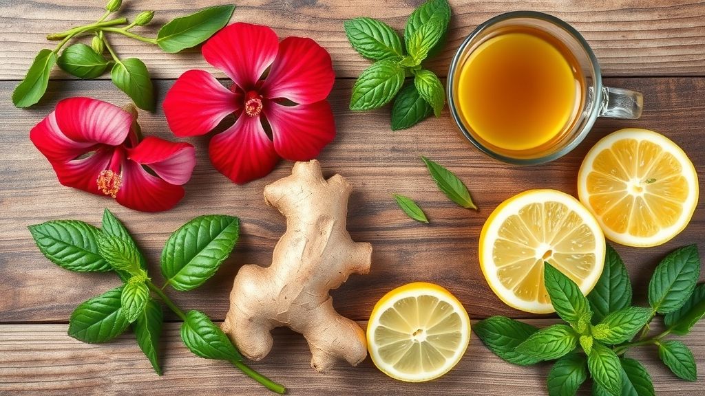Ingredientes organizados em uma bancada: hibisco, chá verde, gengibre, limão e ervas frescas