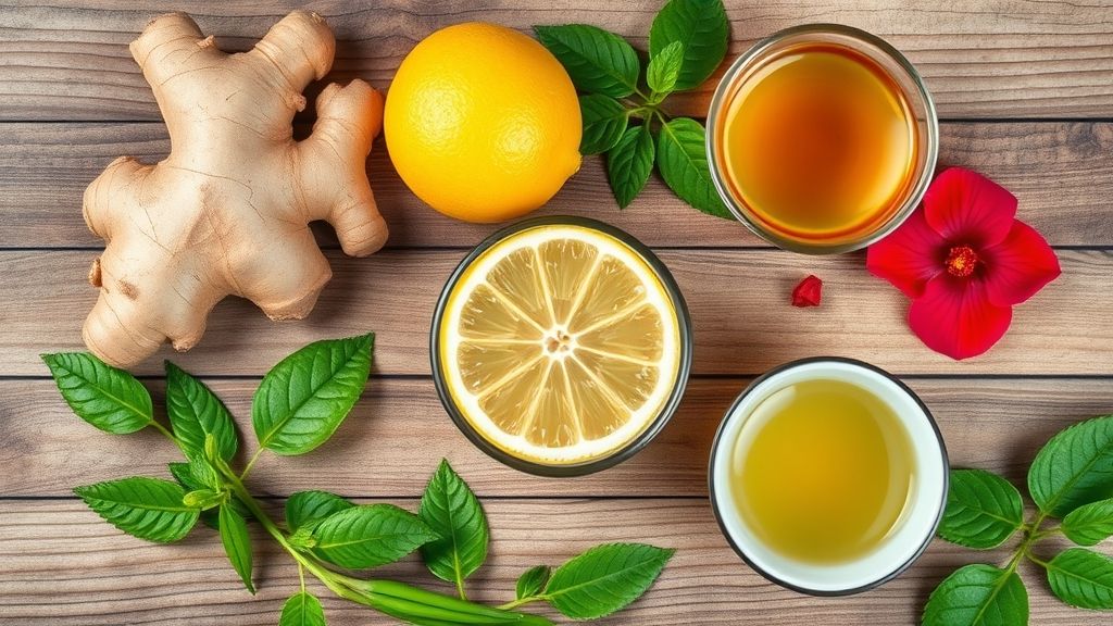 Ingredientes do chá detox organizados em superfície rústica: ervas, gengibre, limão e água