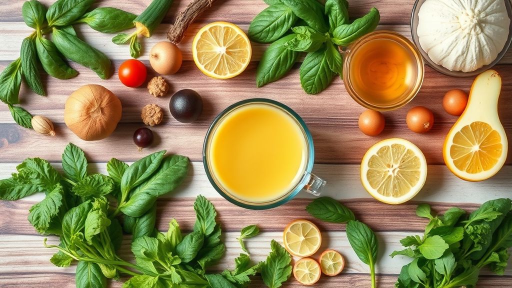 Ingredientes frescos como chá verde, hibisco, gengibre, limão e hortelã organizados em bancada de cozinha.