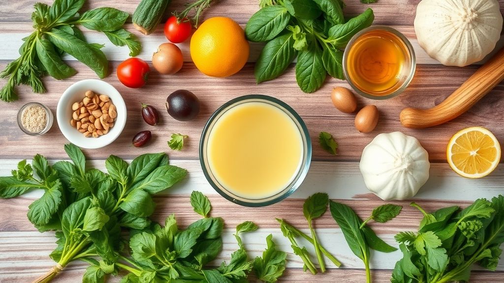 Ingredientes separados em bancada: chá verde, hibisco, gengibre ralado, limão, canela e hortelã.